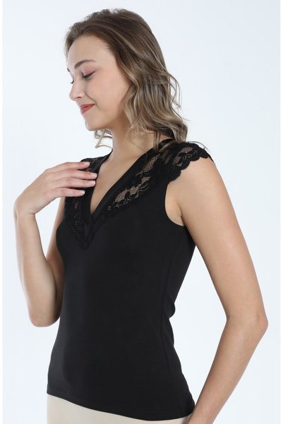Cotpark Women's Cotton Lycra Lace Detail Thin Strap Stylish Tank Top - Black 3069