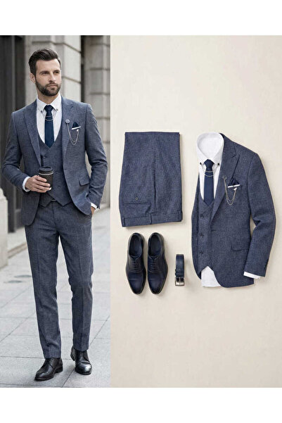 Beystil Sivri Yaka Lacivert Yelekli Kırçıllı Takım Elbise Storm - Slim Fit