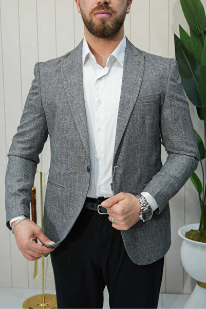 Beystil Sivri Yaka Hasır Gri Ceket - Slim Fit