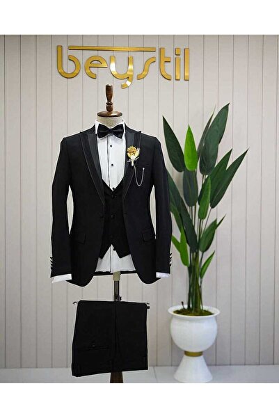 Beystil Erkek Sivri Yaka Siyah Yelekli Damatlık ve Smokin Takım 10003 - Slim Fit
