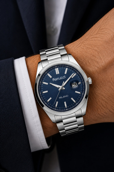 Ferrucci Navy Blue Dial Men's Wristwatch with Calendar 3 Atm Water Resistance