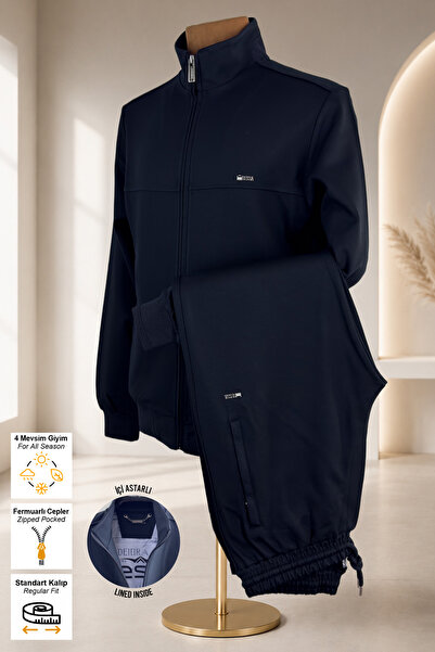 BESSA Navy Blue High Collar Tracksuit Set Standard Fit Zipper Pocket Cotton S...