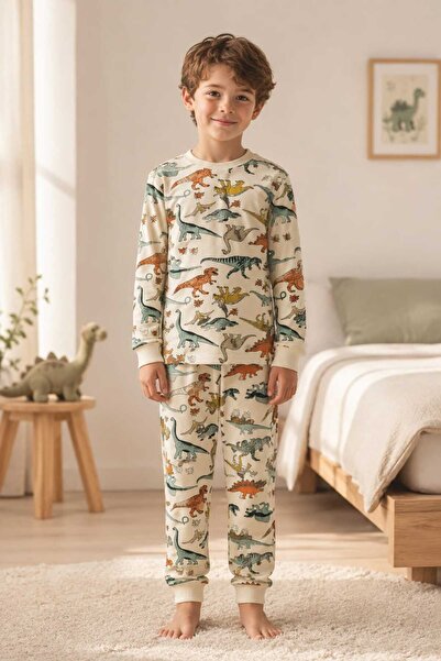 MADALİNA Boy's 100% Cotton Red Dinosaur Printed Pajama Set