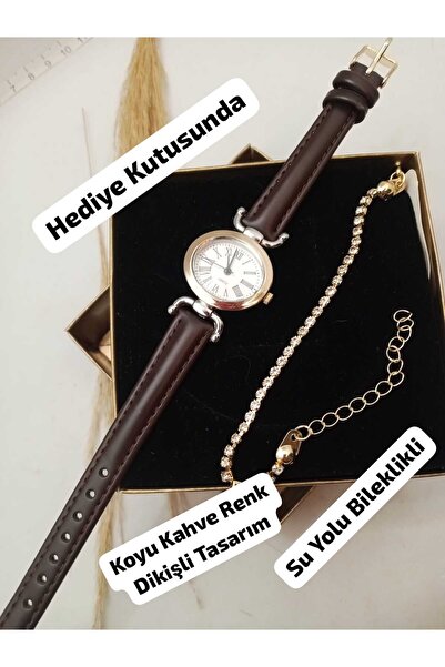 Brality Hakiki Deri Kordon Kadın Kol Saati Oval Vintage Taba Renk Gold Kasa S...