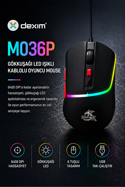 Dexim DMA027 M036P Kablolu Gökkuşağı LED Işıklı 6400 DPI Gaming Mouse