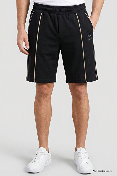 TOMMY LIFE Black-Beige Oversize Fit Basic Men's Shorts with Front Stitching D...