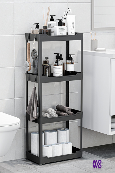 Mowo Home Mowo 4 Katlı Ayaklı Siyah Banyo Rafı, Mutfak Rafı, Havluluk, Deterj...