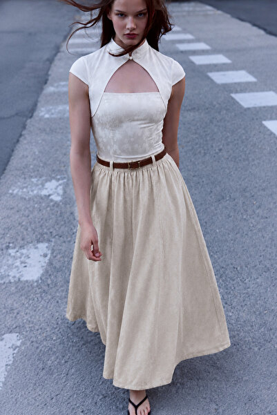 COMBİNE MİCHAİL Women's Casual Elastic Waist Beige Long Skirt