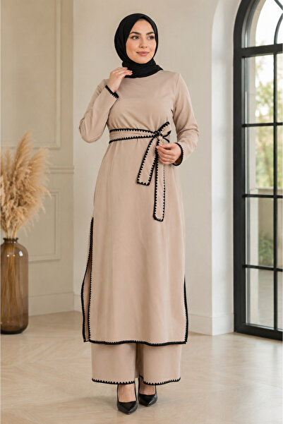 Missvalle Shepherd's Stitched Belted Suit Beige 19365