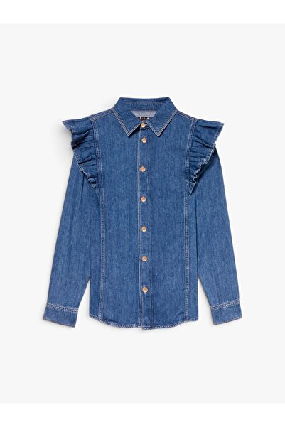 Sisley %100 Pamuk Fırfır Detaylı Denim Gömlek Kadın Haki Yeşili Gömlek - 325A...