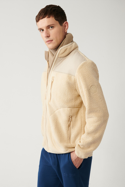 Avva Cremefarbenes Plüsch-Sweatshirt mit Stehkragen und durchgehendem Reißver...