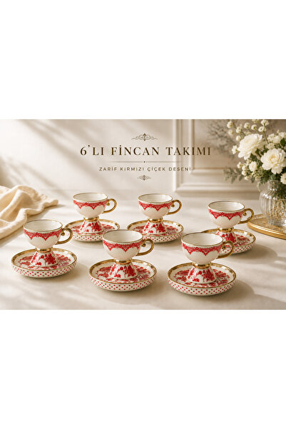 Queen’s Kitchen 6-Person Floral Patterned Red Porcelain Coffee Set