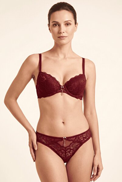 hadiora Women's Burgundy Lace Supported Bra Set with Padded Accessories Linge...