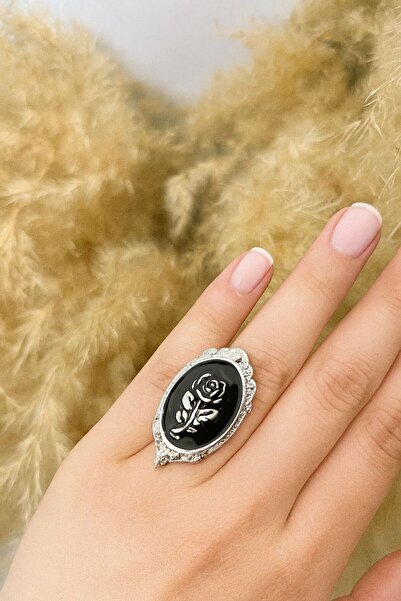 Herşey Nota Gothic Punk Victorian Rose Pattern Black Enamel Ring – Elegant Ro...