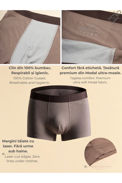 DUNIPA Set de 3 perechi de boxeri bărbătești, fără cusături, din modal premium, tăiați cu laser, invizibili, Multicolor (Gri Argintiu, Verde Avocado, Maro)