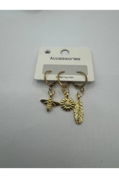 Herşey Nota Set of 3 Nature Themed Women's Earrings with Gold Color Bee, Dais...