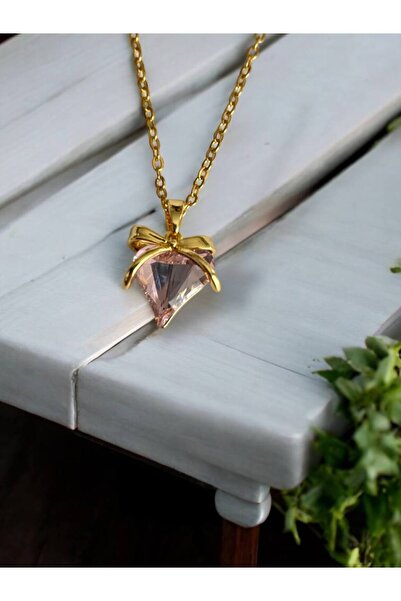 Herşey Nota Pink Crystal Heart Women's Necklace – Zircon Stone Detail, Stainl...