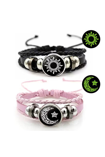 Choice 1 2 Pcs Glow In The Dark Sun Moon Snap Button Couple Bracelets Black P...