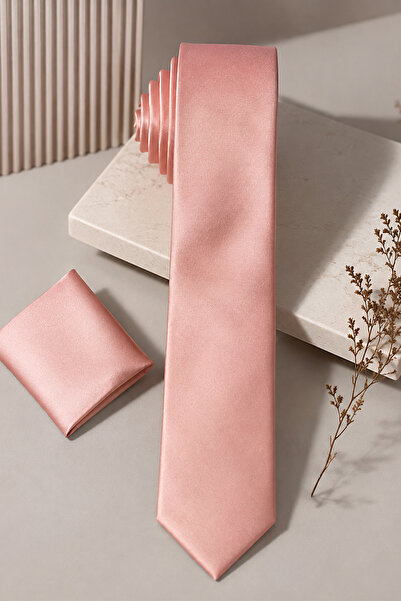Varetta Erkek Pembe Pudra Kravat Mendilli Düz Slim Fit Dar Kesim