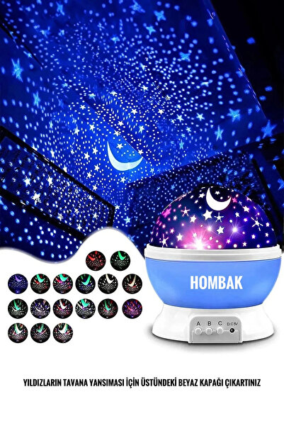 Hombak Gece Lambası Tavana Işık Yansıtan Dönen Yıldız Ay Projeksiyon Çocuk ve...