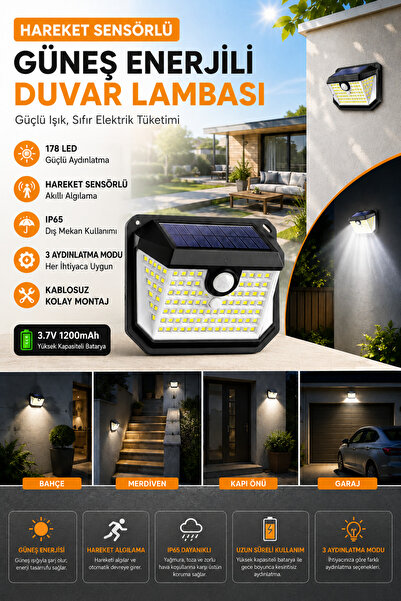ALFAGİFT 1 Adet Güneş Enerjili Hareket Sensörlü 178 LED IP65 Dış Mekân Duvar ...