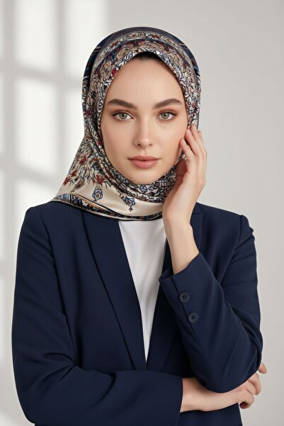 Vissona %100 Twill İpek Şal Desenli Lacivert Renkli 90x90 Eşarp Dikim Şekli :...