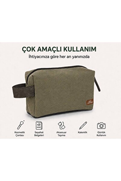 OLD COTTON BAGS Haki Kanvas Unisex El Çantası Fermuarlı Günlük Organizer Çant...