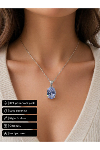 HER ŞEY NOTA www.herseynota.com Purple Stone Oval Cut Stainless Steel Necklac...