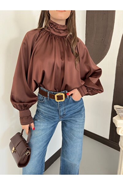 Ekim Store Σατέν Πλισέ Μπλούζα με Μανίκια Νυχτερίδας σε Χαλαρή Γραμμή