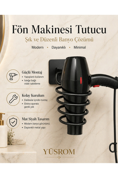 YÜSROM Yapışkanlı Paslanmaz Fön Makinesi Tutucu Delmeden Montaj Fönlük Asma A...