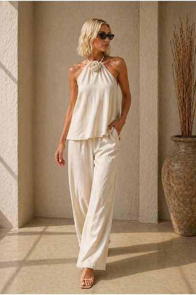 ibeeka Γυναικείο λινό σετ με λαιμόκοψη halter και λεπτομέρειες λουλουδιών