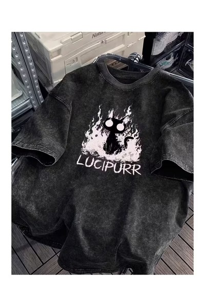 LAND MODA Lucipurr print isprana vintage unisex majica prevelikog kroja