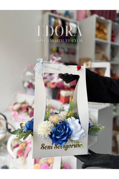 Edora Design Mavi Çiçek Aranjmanlı Dik Yapay Çiçek Çantası | Kişiselleştirile...