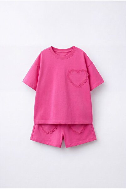 Magu Kız Çocuk Pamuklu Pembe Kalp Cepli T-shirt Şort Takım