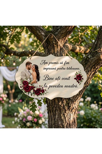 Bello Carino High quality decoration products Plăcuță decorativă pentru nuntă „Bine ați venit la povestea noastră”,design floral roșu , 64x40 cm