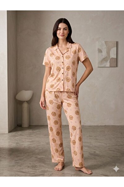 FAMES PİJAMA Summer Lycra Women's Shirt Collar Buttoned Pajama Set
