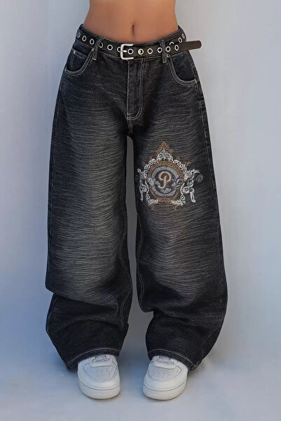 Gofeel Siyah Yıkamalı P Patchli Vintage Baggy Y2K Pantolon