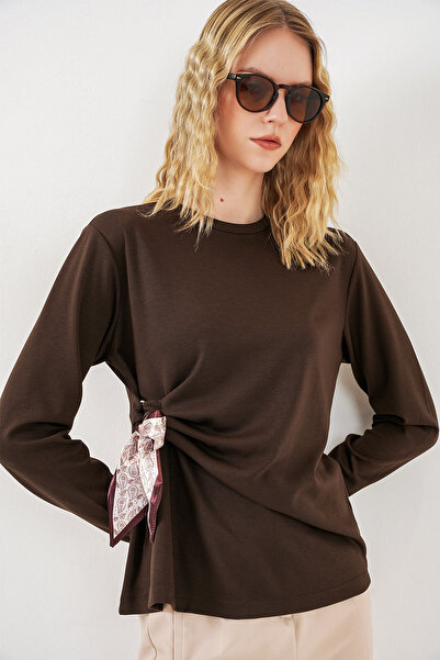 Bigdart Γυναικεία Μακρυμάνικη Μπλούζα με Λεπτομέρεια Φουλάρι 40000 - Καφέ