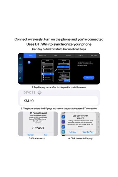 Yesido Sistem audio auto wireless (KM19) - Cameră HD duală, Plug&Play, CarPlay, Android Auto, AirPlay
