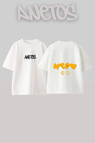 Anetos Μπλουζάκι Meow Cat Design με στάμπα στην πλάτη, βαμβακερό λευκό oversize