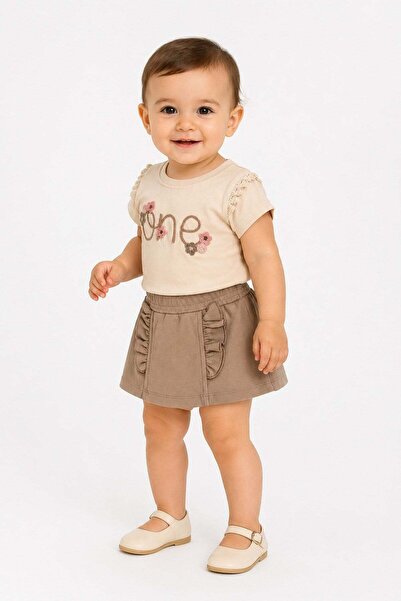 Baby Girl 2pcs Summer Suit One Embroidered Lace T-Shirt and Frilly Skirt Look Shorts (Scort) 6-9-
