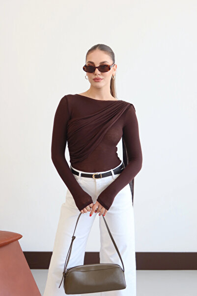 roea Shawl Detailed Front Gathered Blouse Brown