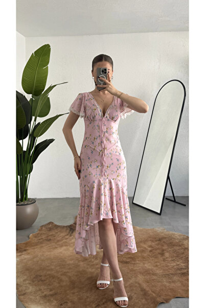 asfamoda Γυναικείο ροζ φλοράλ φόρεμα μίντι με βολάν – με λαιμόκοψη V, λεπτομέ...