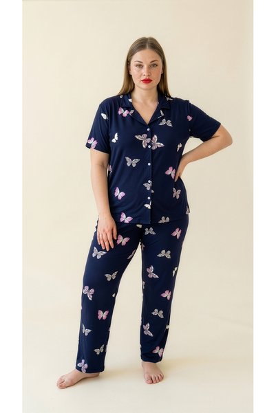 Arzey Navy Blue Butterfly Patterned Bamboo Short Sleeve Plus Size Front Buttoned Pajama Set