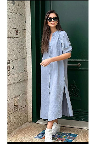 VENTUS MODA&ÇANTA Hakim Yaka Düğmeli Salaş Kesim Yırtmaç Detaylı Tensel Kumaş...