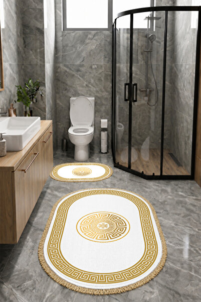Delipoyraz Tekstil Greek Desenli Lüks 2'li Banyo Paspas Takımı Kaymaz Taban M...
