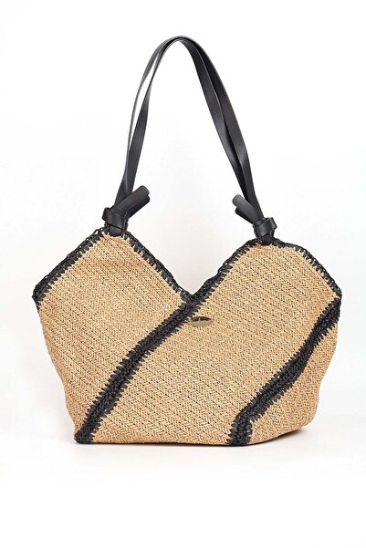 Haşema Τσάντα παραλίας σε χρώμα καμηλό με μαύρη δερμάτινη λαβή 1114