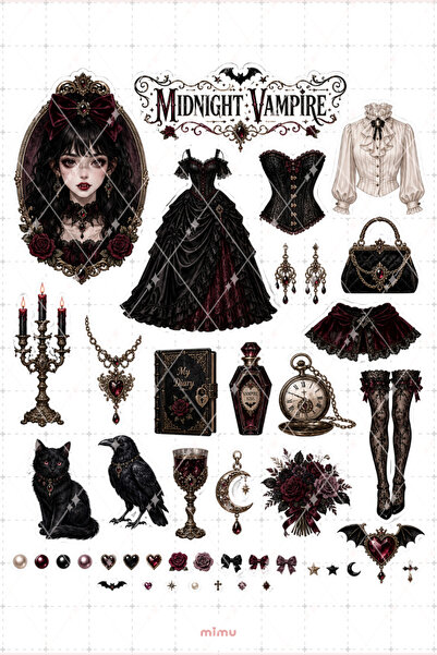 Mimu Art Studio Vampire Girl Sticker Seti Siyah Bordo Gotik Vampir Temalı 2li...