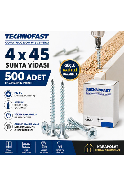 KARAPOLAT 4x45 Sunta Vidası 500 Adet PZ2 – MDF, Suntalam ve Ahşap İçin Güçlü ...