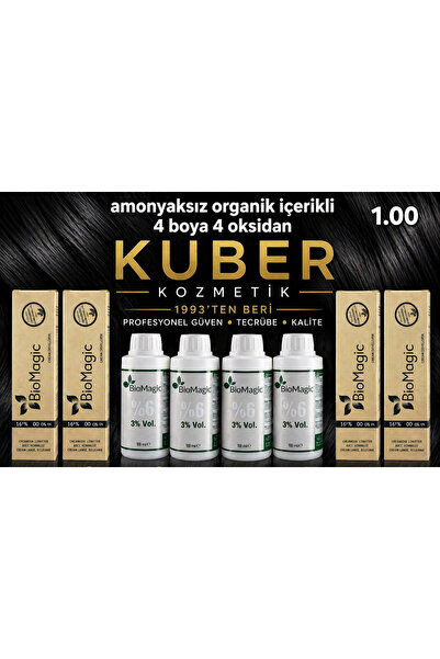 BIOMAGIC 1.00 Siyah Organik İçerikli Amonyaksız Kalıcı Saç Boyası 4Boya +4Oks...